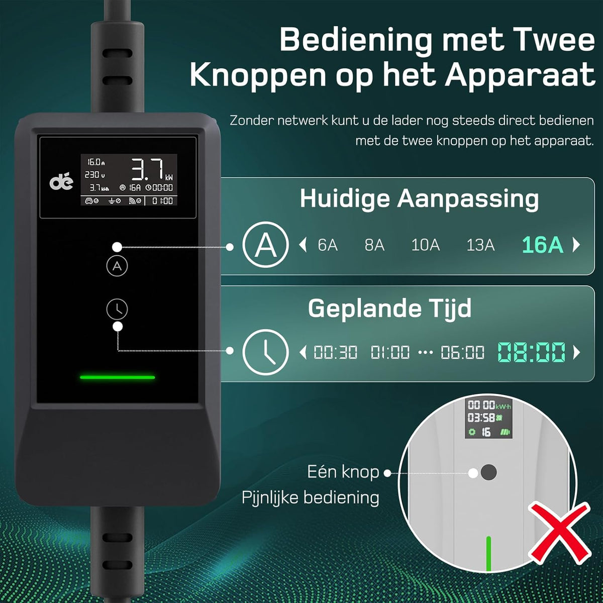 EV Charger Type 2 – EV Oplader – Laadkabel Elektrische Auto – Thuislader – Slimme Lader – 3,7 kW Laadvermogen – 7 Meter Kabel Met App-Bediening