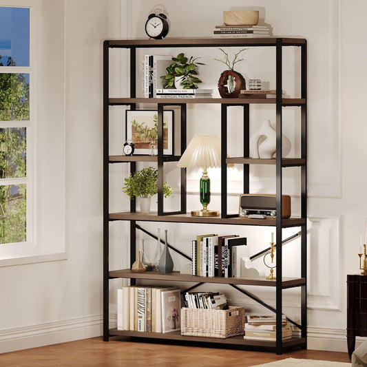 LVB Hoge industriële Etagere boekenkast, moderne houten grote open 6-laags boekenplank, vintage brede metalen boekenplank organizer, boerderij boekenplanken voor slaapkamer woonkamer thuiskantoor