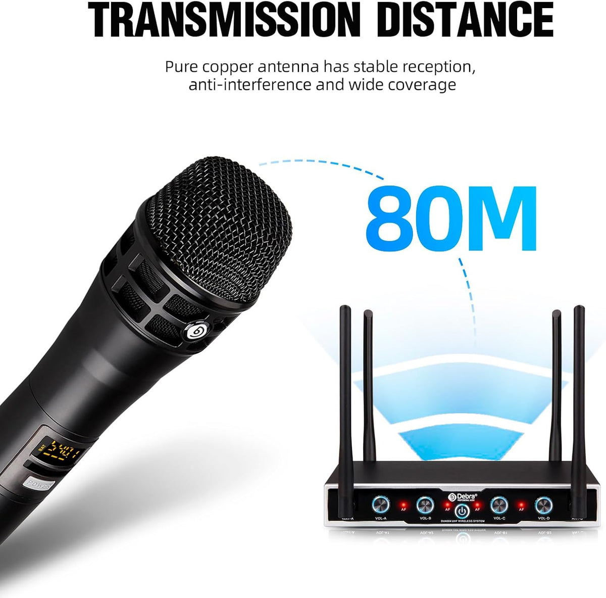 D Debra UHF draadloos microfoonsysteem, 4x16 instelbare kanalen, dynamische handheld microfoons, automatische frequentiesynchronisatie, 80m bereik voor zang en karaoke (4 microfoons)