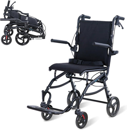 Rolstoel, opvouwbaar, licht, smalle transportrolstoel met verstelbare hoogte, ergonomische handgrepen en 360° wielen, geschikt voor woning en onderweg (Black)