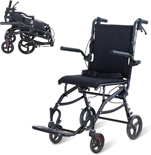 Rolstoel, opvouwbaar, licht, smalle transportrolstoel met verstelbare hoogte, ergonomische handgrepen en 360° wielen, geschikt voor woning en onderweg (Black)