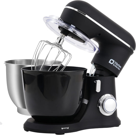Kitchen in the Box Keukenmachine, 1300W, 10 snelheden, 4.5L + 5L mengkommen, elektrische standmixer met garde, klopper en deeghaak (Zwart, 4.5L)
