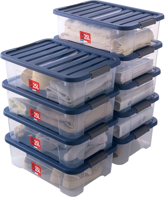 SUNDIS Wave Box, 9er-set Aufbewahrungsboxen mit deckel, 25L, mit clips, transparentem Kunststoff, stapelbar, ideal zum Aufbewahren unter dem Bett, im Ankleidezimmer, im Büro, im Waschküche