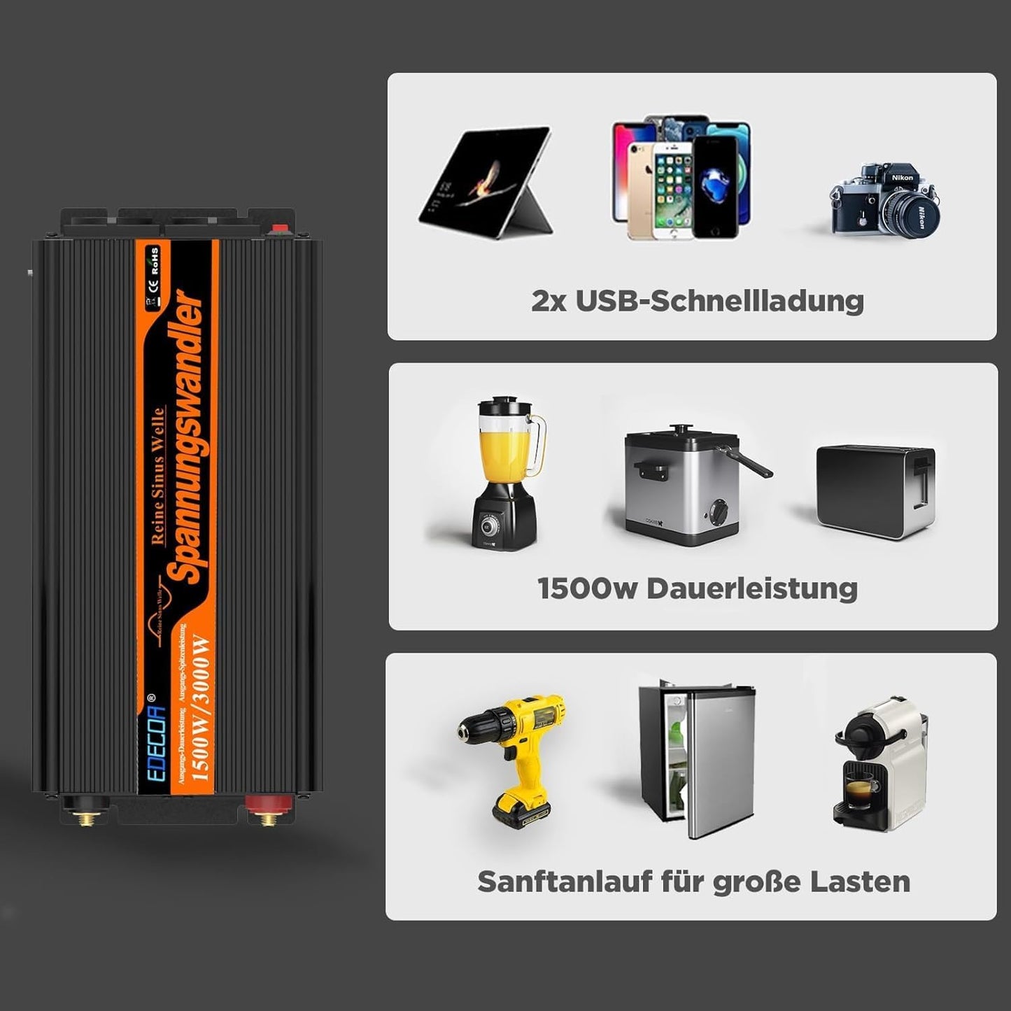 EDECOA 1500 W/3000 W 24 V 230 V omvormer zuivere sinus spanningsomvormer 24 V naar 220 V converter met afstandsbediening en 2 USB LCD-scherm met informatie over de omvormer