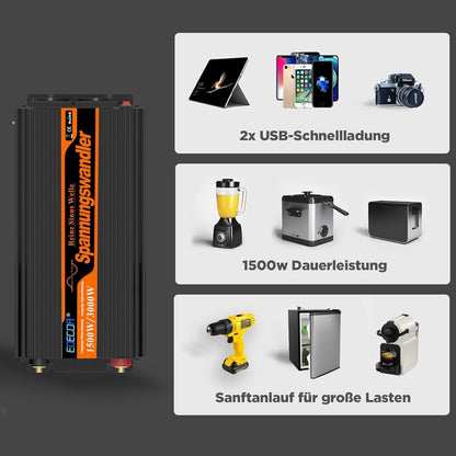 EDECOA 1500 W/3000 W 24 V 230 V omvormer zuivere sinus spanningsomvormer 24 V naar 220 V converter met afstandsbediening en 2 USB LCD-scherm met informatie over de omvormer
