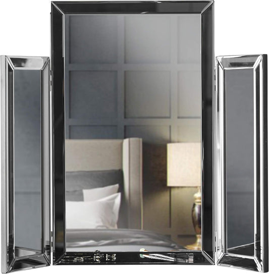 CARME Paloma Tri-Fold Makeup Mirror Beveled Glass Design Folded Tabletop Bedroom Dressing Vanity Table - QUORE