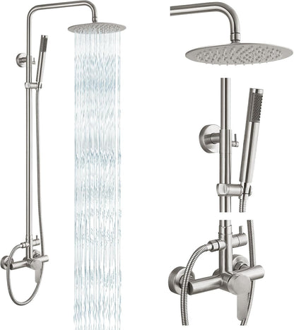 Outdoor Douchekraan SUS304 Douche Armatuur Systeem Combo Set Regendouche Enkele Handvat Hoge Druk Hand Spray Muur Mount 2 Functie Geborsteld Nikkel 8 "Regendouche Hoofd Kit