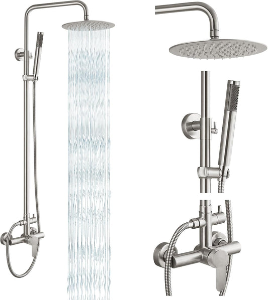 Outdoor Douchekraan SUS304 Douche Armatuur Systeem Combo Set Regendouche Enkele Handvat Hoge Druk Hand Spray Muur Mount 2 Functie Geborsteld Nikkel 8 "Regendouche Hoofd Kit