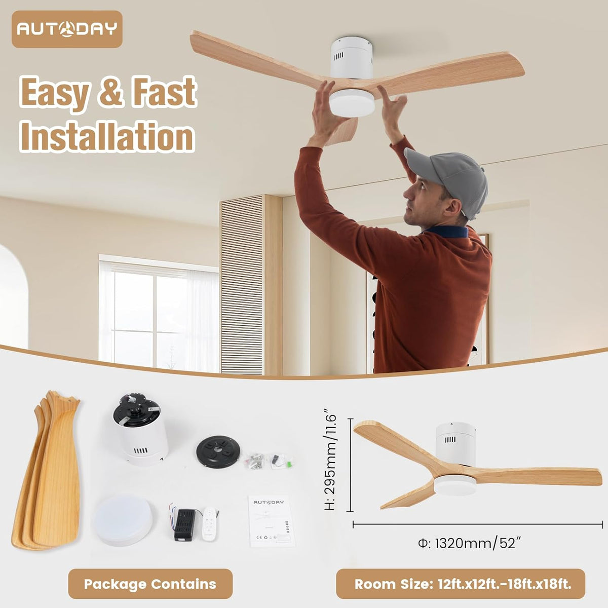 Houten plafondventilator met ledlicht, 24 W, stil, DC motor, 38 W, plafondventilator, hout, diameter 132 cm, afstandsbediening met geheugenfunctie, zomer/winterfunctie, 6 snelheden