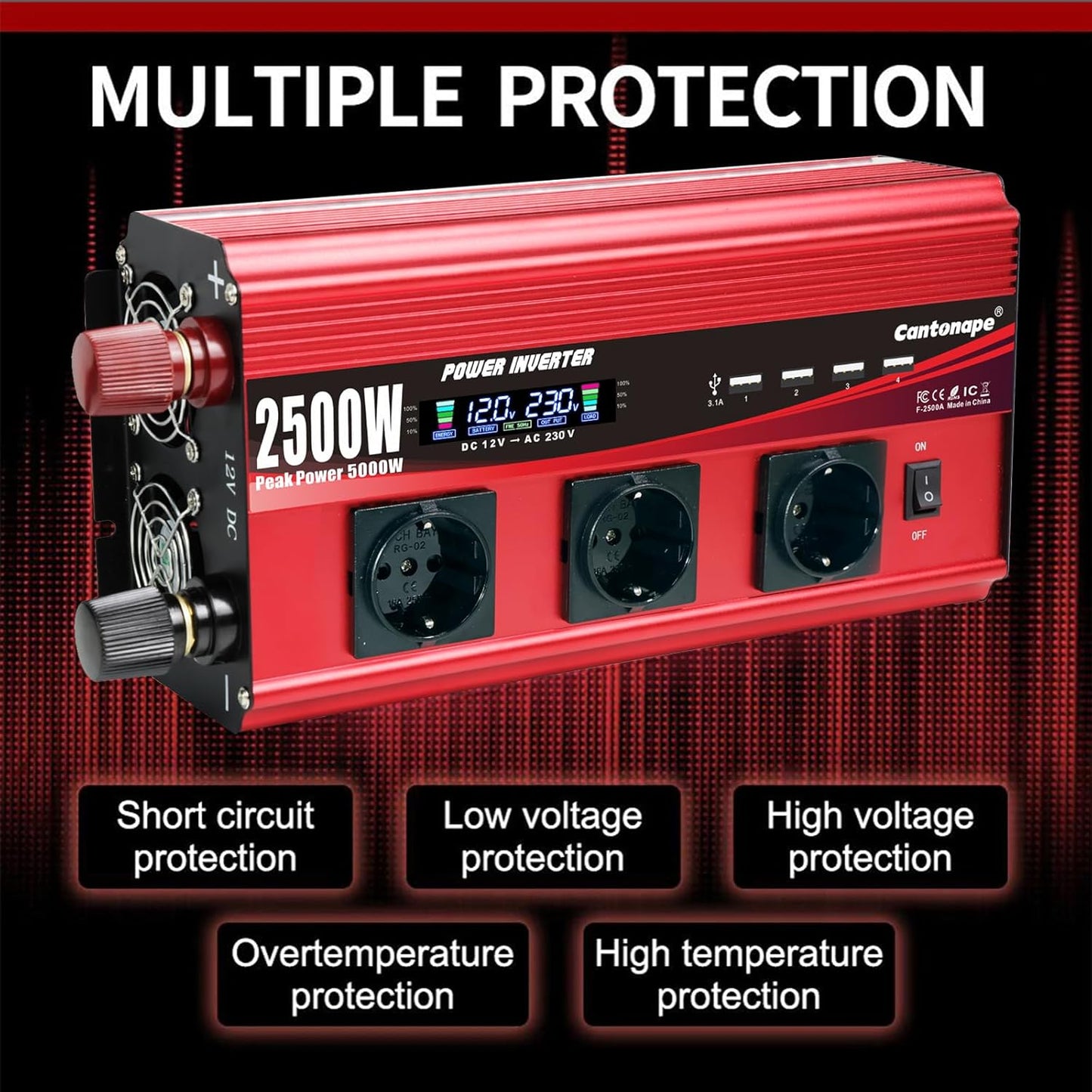Omvormer, 2500 W/5000 W, gemodificeerde sinusgolf, 12 V naar 230 V, met 3 AC-stopcontacten en 4 x USB-lcd-afstandsbediening
