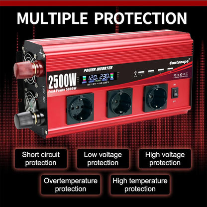 Omvormer, 2500 W/5000 W, gemodificeerde sinusgolf, 12 V naar 230 V, met 3 AC-stopcontacten en 4 x USB-lcd-afstandsbediening