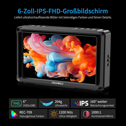 FEELWORLD FW568 PRO 6 Inch 1200Nit DSLR Camera Monitor met F750 Batterij 4400mAh en Tas,4K 60Hz HDMI2.0,3D LUTs,HDR Golfvorm,Peak Focus Video Assist,9:16 Marker,8.4V DC Ingang/Uitgang