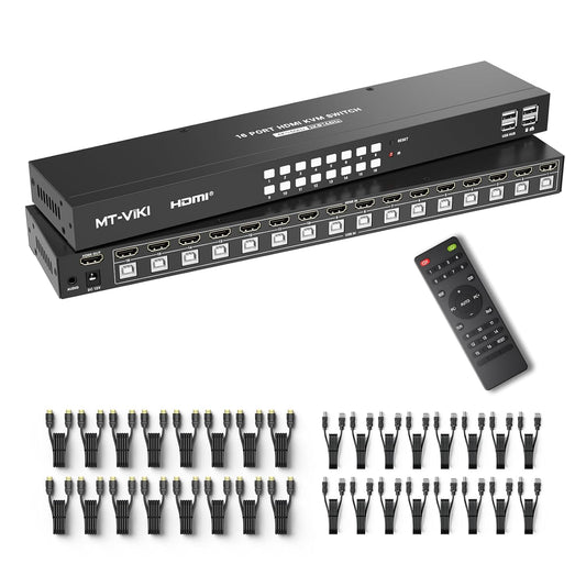MT-VIKI 4K @60Hz KVM-switch HDMI 16-poort w/16 kabels en 3,5 mm audio, rackmontage KVM-schakelaar, 4 USB 2.0, HDMI 2.0, HDCP 2.2 voor 16 computers/servers, geschikt voor 1U 19'' rack