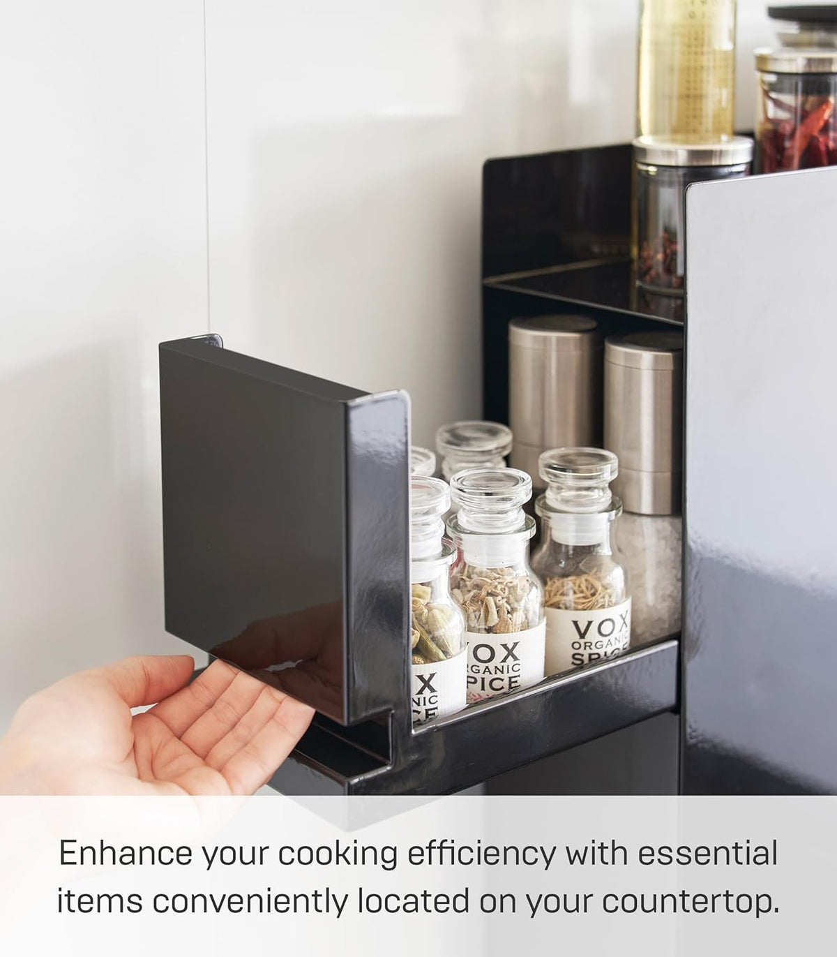 Yamazaki 4335 TOWER 2~Tiered Sliding Seasoning Rack, black, Steel/Polypropylene, 12.5 x 50~93 x 52.5 cm