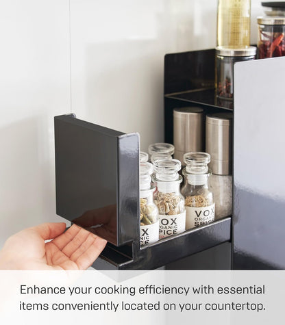 Yamazaki 4335 TOWER 2~Tiered Sliding Seasoning Rack, black, Steel/Polypropylene, 12.5 x 50~93 x 52.5 cm
