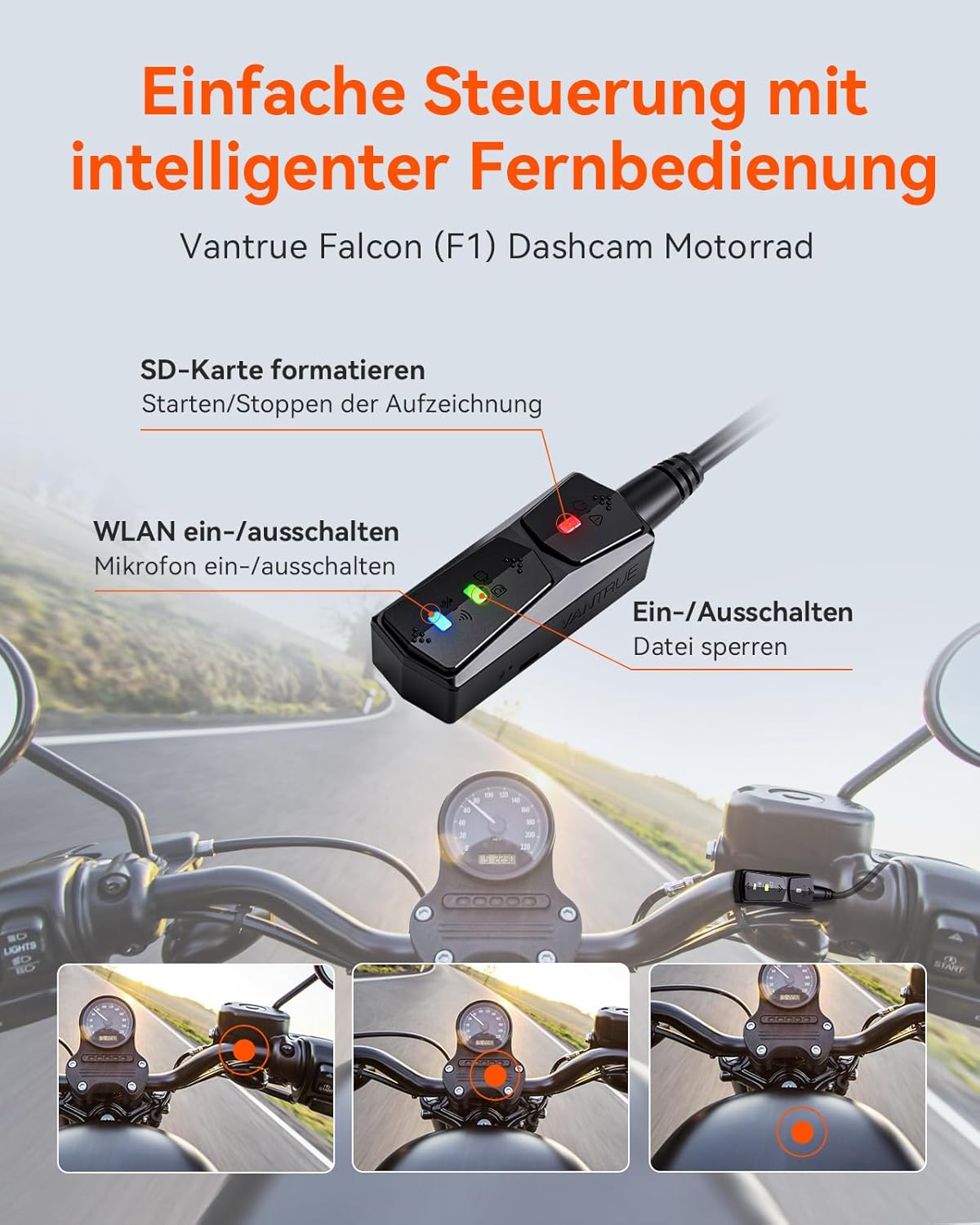VANTRUE F1 4K + 1080P dashcam motorfiets, 5GHz WiFi GPS dashcam voor en achter, IP67, Duitse stemaanwijzingen motorcamera, 24 uur. Botsingsdetectie, Kilometerstand, WDR & HDR & App, Maximaal 512G