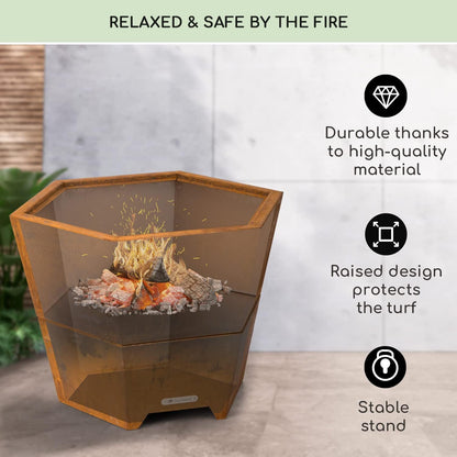 Blumfeldt Vuurschaal met grillrooster, outdoor stalen rooster, groot voor balkon en camping, mobiele vuurschaal 60 cm, weerbestendige zeshoekige plaats