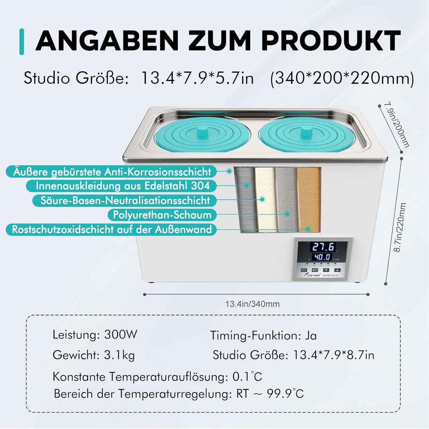 Digitaal Laboratoriumwaterbad 6 Liter – Laboratorium Waterbad – Thermostatisch Waterbad – Digitaal Waterbad – Verwarmingsbad – Nauwkeurige Thermostaat ±0,1 °C – Dubbele Opening, Roestvrij Staal