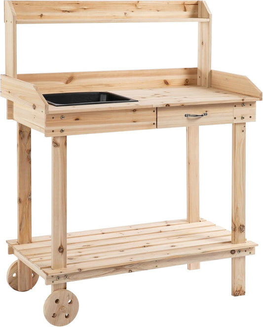 Oppottafel - Tuinwerktafel - Plantentafel -Tuinwerkbankje - met Schuiflade - 2 Niveaus - Bloementafel - voor Tuin - Sparrenhout - 92 x 45 x 119 cm - Natuurlijk Hout