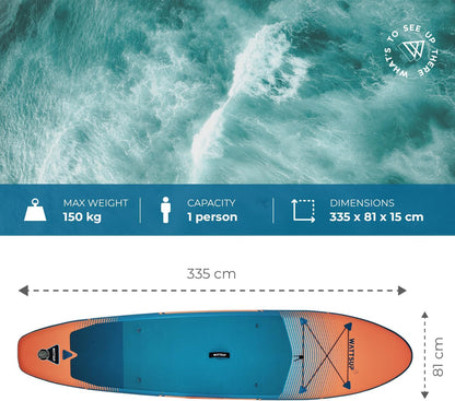 Wattsup - Sup Stand Up Paddle Opblaasbare F11 11' - 335x81x15cm Dropstitch - Compleet Pakket: Peddel Leash Pomp Draagtas - Tot 150kg -Blauw