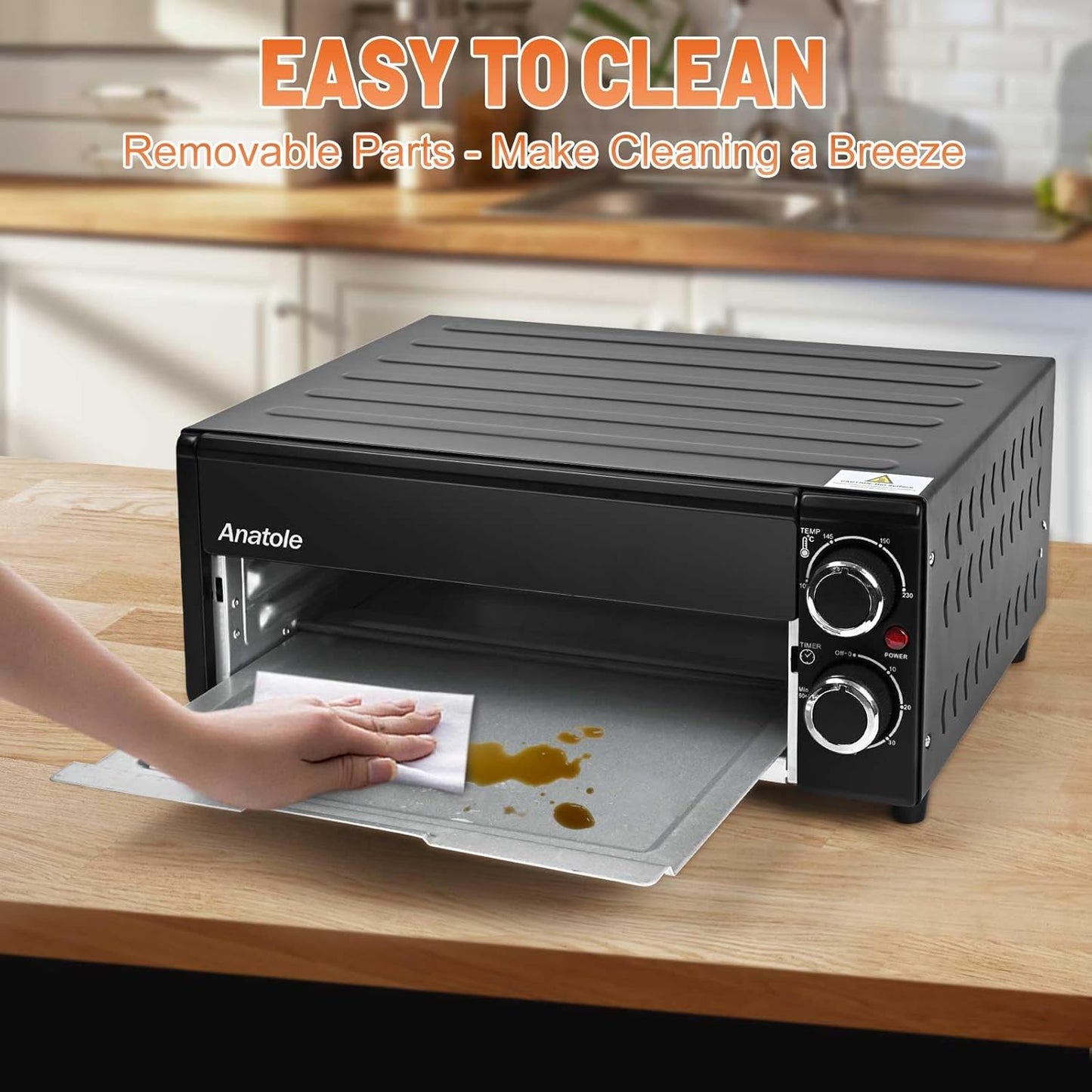 Anatole Elektrische pizzaoven, 30,5 cm (12 inch), 1800 W, interne pizzaoven met instelbare temperatuur, multifunctioneel, met rooster voor kruimels, uitneembaar