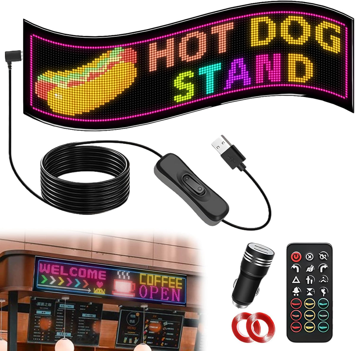 Dubbele rijen programmeerbaar led-lopende schrift, 20 x 93 cm, led-displaybord, ogen voor auto, bluetooth-app-bediening, gepersonaliseerd voor bar, reclame, restaurant, winkel, feestdecoratie (pixels