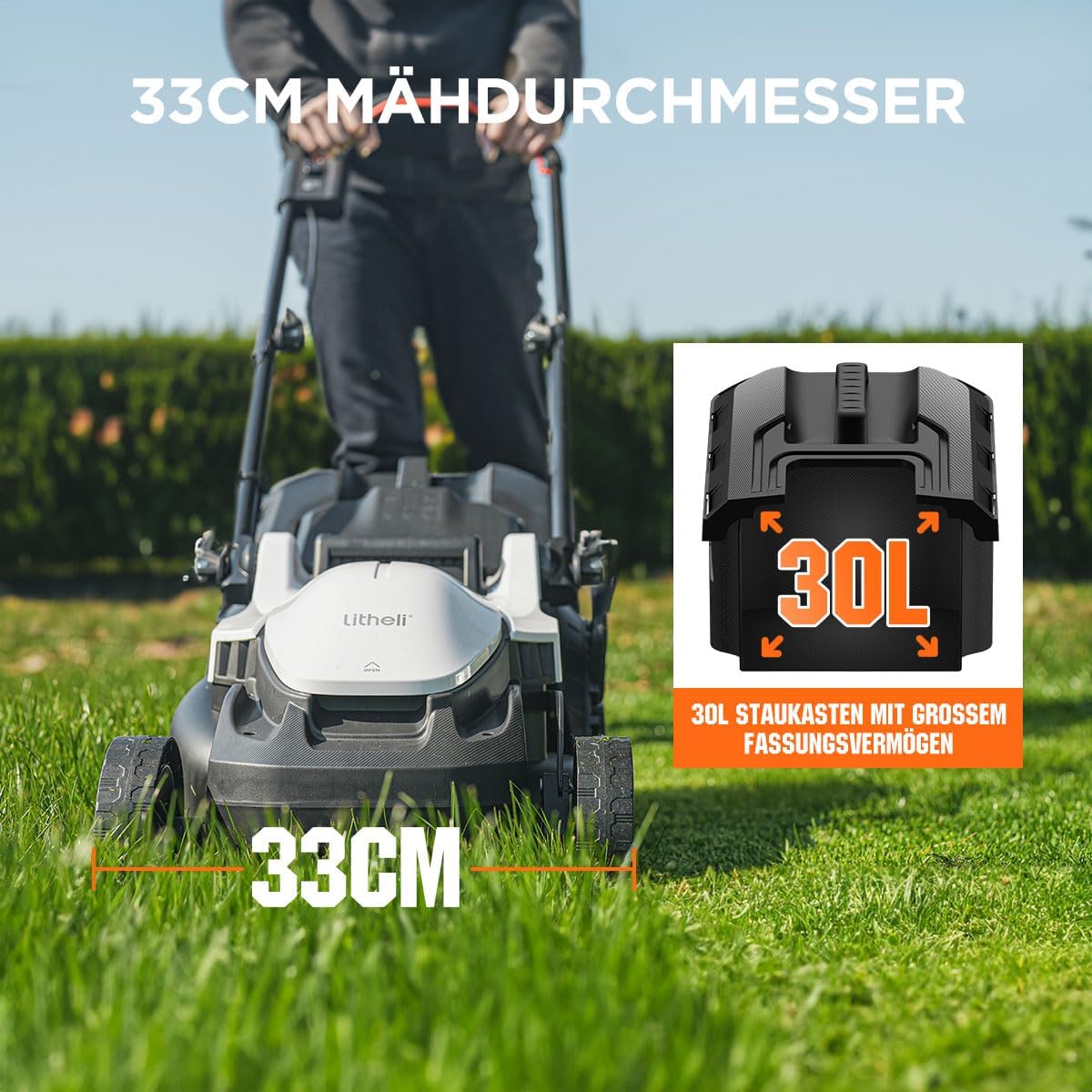 Litheli Accugrasmaaier, 20 V/33 cm maaibreedte, borstelloos, tot 200 m², opvangbak van 30 liter, 25-65 mm maaihoogte, incl. 4,0 Ah accu