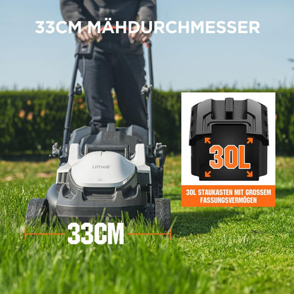 Litheli Accugrasmaaier, 20 V/33 cm maaibreedte, borstelloos, tot 200 m², opvangbak van 30 liter, 25-65 mm maaihoogte, incl. 4,0 Ah accu