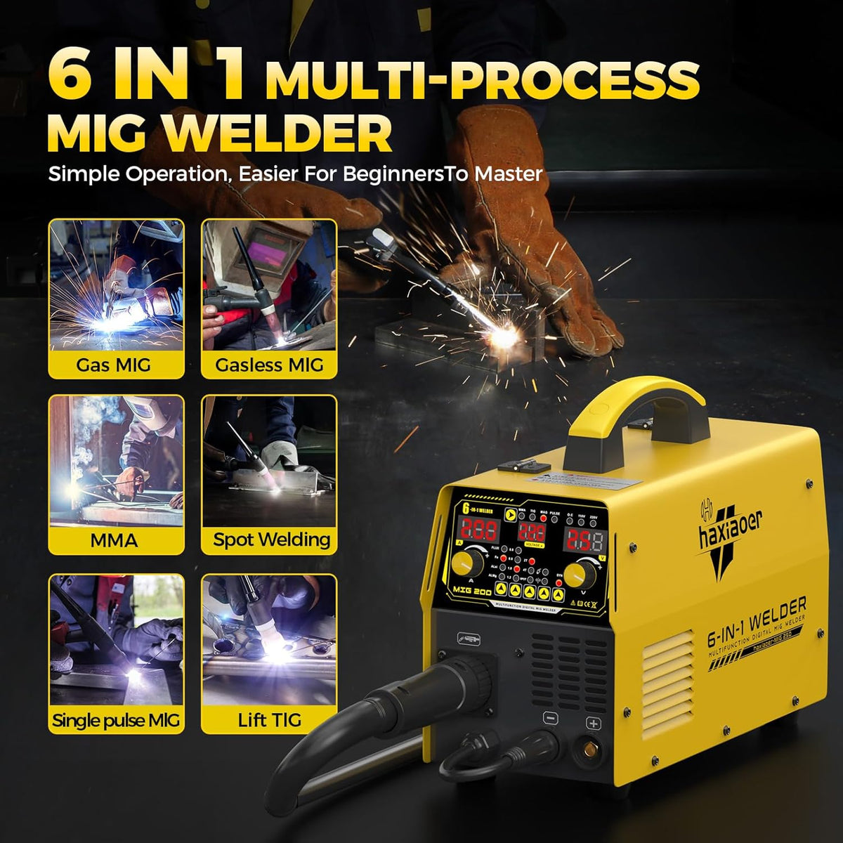 MIG-lasapparaat, 200 A, 6-in-1 multi-proces-aluminium MIG-lasapparaat met vuldraad-MIG/gasloze MIG/gasloze MIG/boog/lift TIG-lassen met 3 lasdraden, oranje (MIG200)