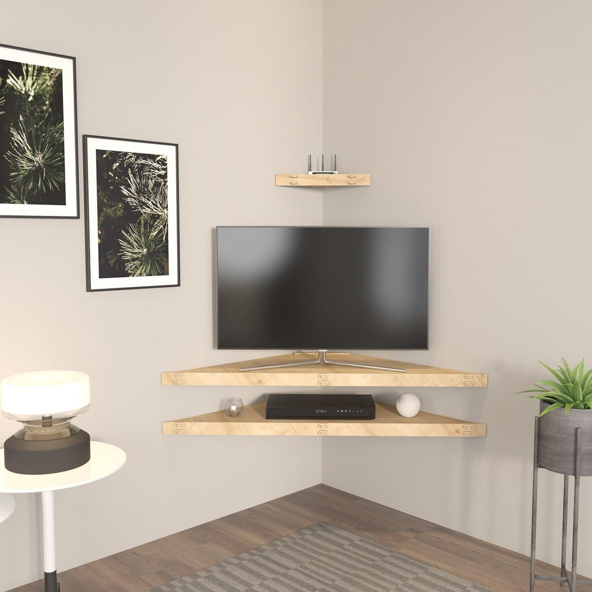 Stijlvol eiken tv-standaard, 120 cm breed, 5 cm hoog, 49 cm diep, 100% melamine gecoat, 8 mm dik, perfect voor moderne woonkamers