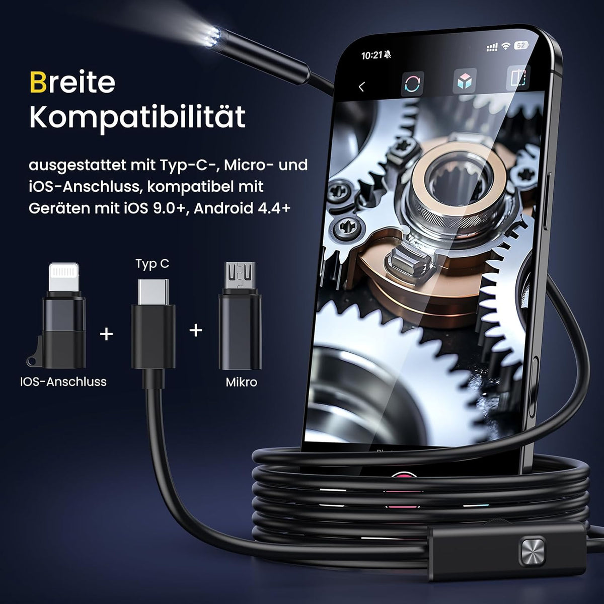 Maxpow Endoscoopcamera met licht, 1920 HD 8 ledverlichting, waterdichte IP67-endoscoop voor Android- en iOS-smartphones, semi-rigide kabelinspectiecamera voor autoreparatie, ventilatiebuizen
