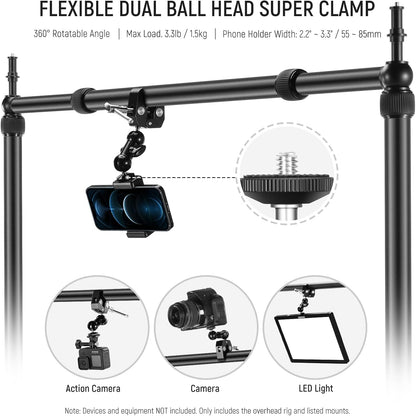 NEEWER NK002 Rig camerahouder met 2 kogelkopjes, Super Clamp/telefoonhouder, tafelhouder, multi-apparaathouder, platform, overhead-statief, instelbare hoogte, maximale belasting 12 kg