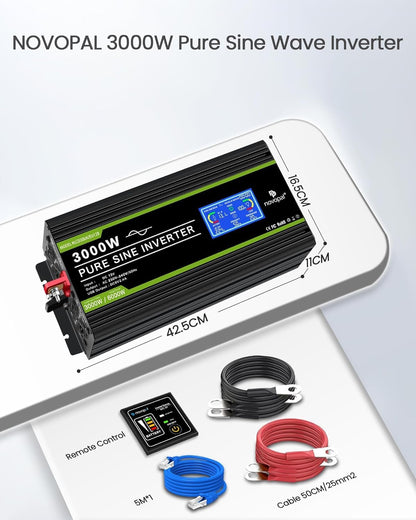 NOVOPAL 3000W Omvormer 12V naar 230V Zuivere Sinus Spanningsomvormer Beeldscherm LCD met een USB- 5 meter afstandsbediening en twee koelventilatoren voor RV Truck Boat