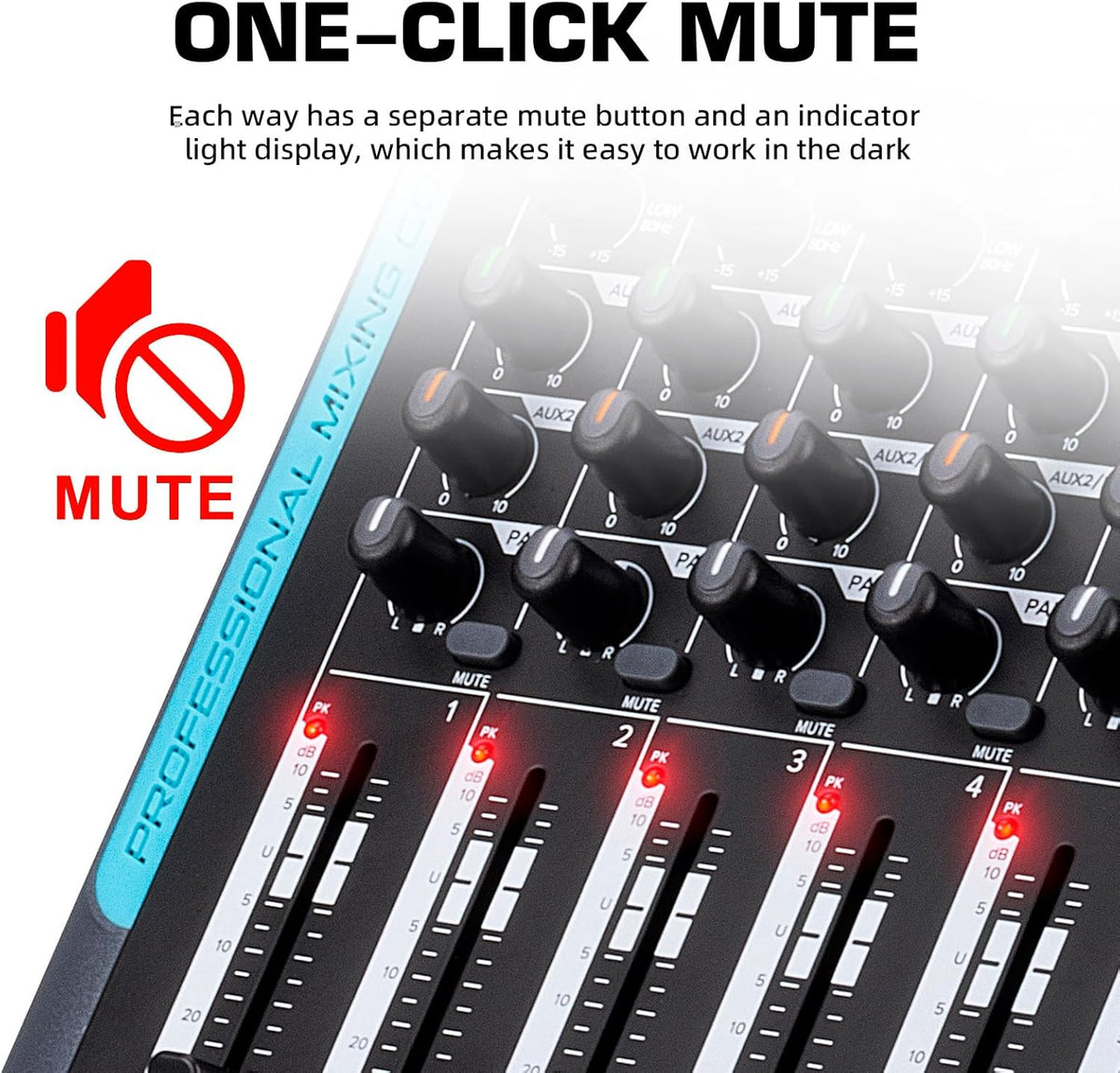 Audiomixer, 10-kanaals professionele stereomixer, 99 DSP Reverb, 7-bands equalizer, USB, 48V fantoomvoeding, One-Click Mute voor DJ, opname, podium (10-kanaals)