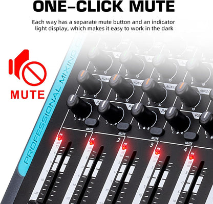 Audiomixer, 10-kanaals professionele stereomixer, 99 DSP Reverb, 7-bands equalizer, USB, 48V fantoomvoeding, One-Click Mute voor DJ, opname, podium (10-kanaals)