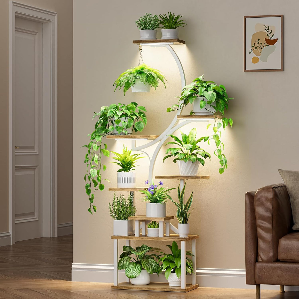 Plantenstandaard Met Kweeklampen Wit – Plantenrek – Bloemenstandaard – Bloemenrek – Plantenhouder – 8-Laags S-Vormig Design – 3-Kops Volspectrum Kweeklampen Met Timer En 9 Lichtstanden