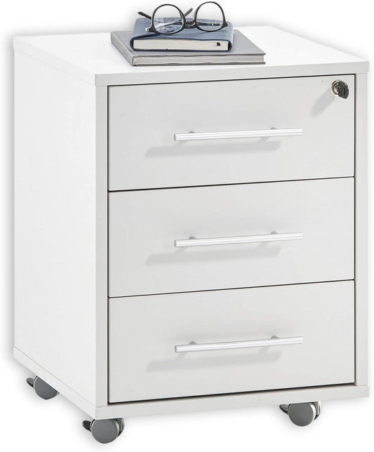 Rolcontainer – Ladekast – Bureaucontainer – Kantoorwagen – Opbergbak – Afsluitbaar Slot – Compact 43x56x42 CM – Lichtgrijs Met Zilveren Handgrepen