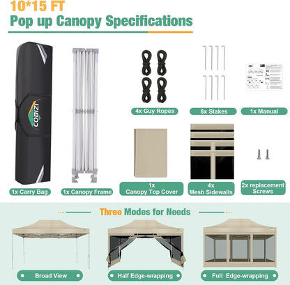 COBIZI Canopy Tent 10x15 Heavy Duty pop-up luifel met zijwanden waterdicht, eenvoudig op te zetten tuinhuisje met klamboe, outdoor mesh schermtenten voor feesten bruiloft feest met draagtas, kaki