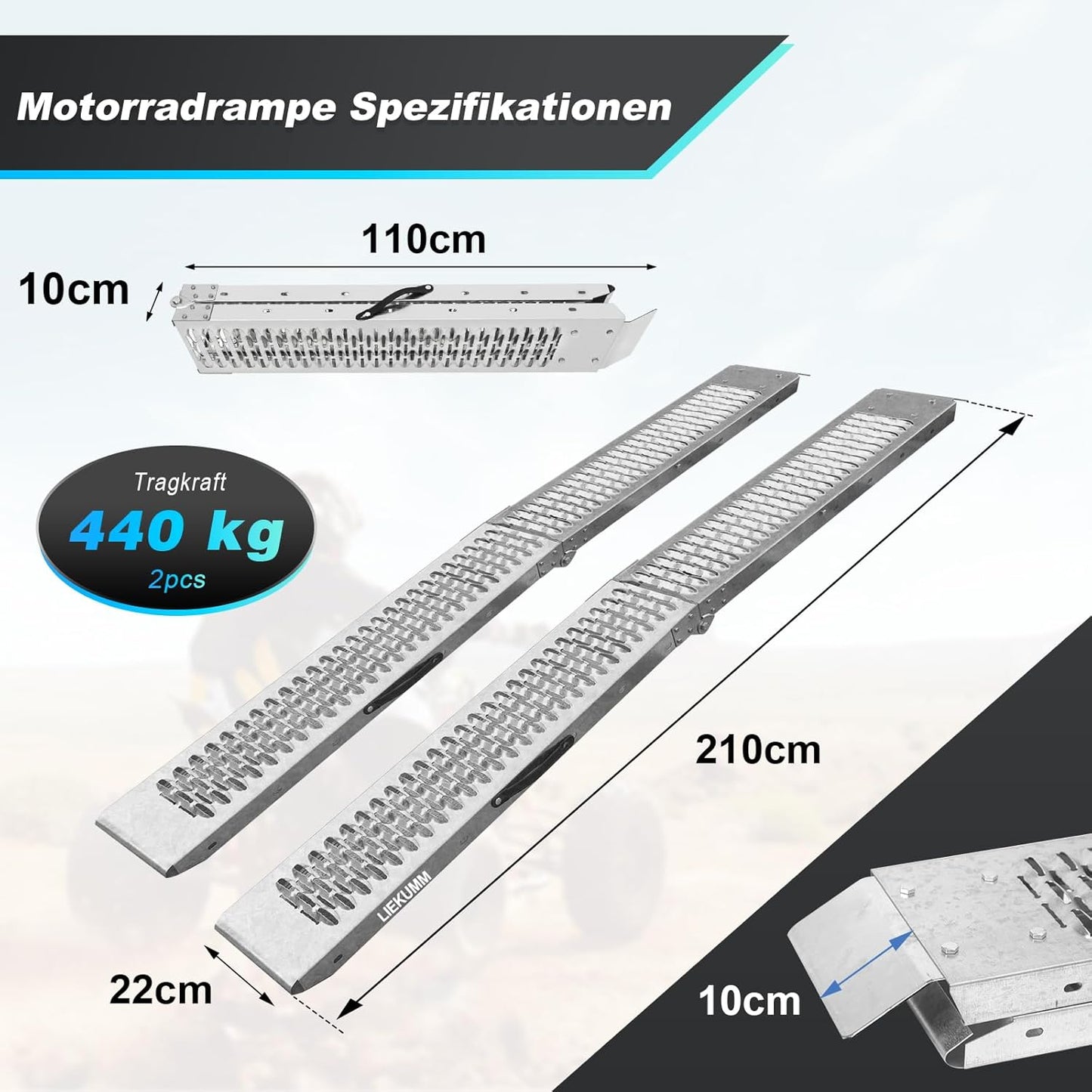 LIEKUMM Laadhelling, 210 cm motorhelling, capaciteit 440 kg, opvouwbare oprijplaat voor motorfiets, scooter, aanhanger, bestelwagen, 2 stuks
