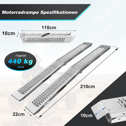 LIEKUMM Laadhelling, 210 cm motorhelling, capaciteit 440 kg, opvouwbare oprijplaat voor motorfiets, scooter, aanhanger, bestelwagen, 2 stuks