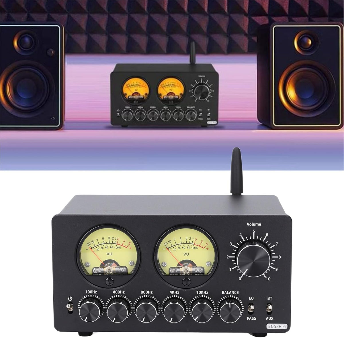 Fafeicy Audio 5 Band Equalizer, 5,0 EQ Voorversterker Gelijkmaker met Vintage VU -meter voor Thuisstereo, Computerluidsprekers, Versterkers