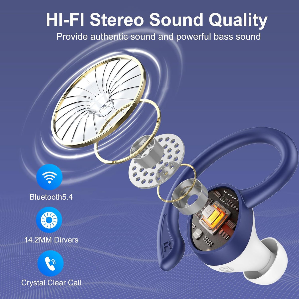 sprtoybat Bluetooth hoofdtelefoon, draadloze Bluetooth 5.4 met 4 ENC Noise Cancelling Mic, draadloze hoofdtelefoon, 68 uur speeltijd, led-display, IP7 waterdichte oordopjes, touch-control