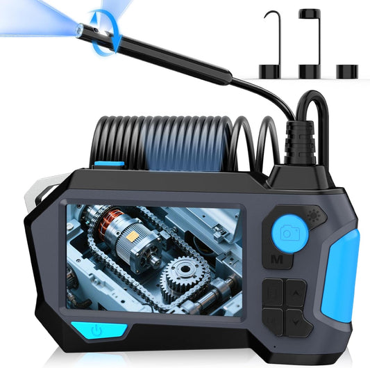 Endoscoopcamera met licht, 1920p HD, dubbele lens met 720° tweeweg-rotatie, inspectiecamera met 4,5 inch IPS-scherm, IP68 waterdichte halfstijve buiscamera, 8 + 1 led-kanaalcamera, 5 m