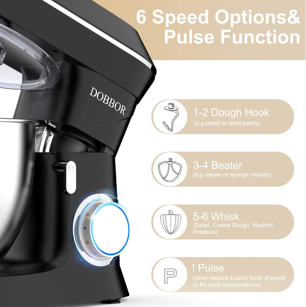 9.5L Keukenmachine kneedmachine 1500W, DOBBOR mixer met garde, deeghaak, klopper, spatbescherming, 7 snelheden planetair mengsysteem, stil en multifunctioneel