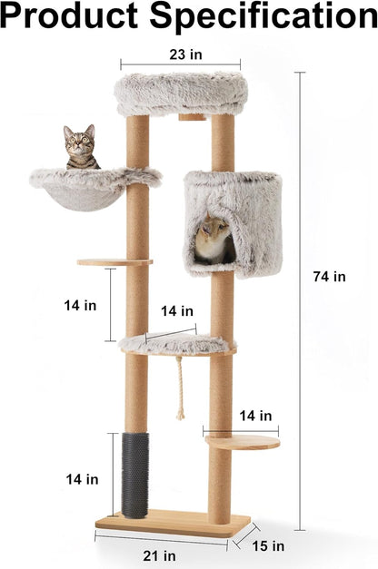 Krabpaal – Kattenboom – Kattenhuis – Kattenklimrek – Krabmat – Wandmontage – 188 cm Hoog – Natuurlijk Massief Rubberhout Met Jute Sisaltouw