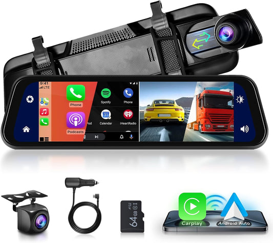 Hodozzy Spiegel Dashcam Carplay Draadloze Android Auto Bluetooth 24,5 cm (9,66 inch) IPS Touchscreen Voorcamera Achteruitrijcamera Waterdicht Nachtzicht WDR Auto Achteruitkijkspiegel Parkeermonitor