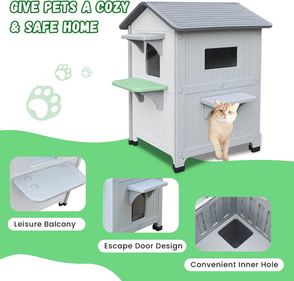 Kattenhok voor buiten, twee etages met balkon, kattenhuis met twee verdiepingen, weerbestendig kunststof, wild-kattenhok met vluchtdeur, wit