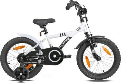 PROMETHEUS BICYCLES Kinderfiets, 16 inch vanaf 5 jaar, kinderfiets, meisjes, jongens, fiets met steunwielen, terugtraprem, in wit en zwart
