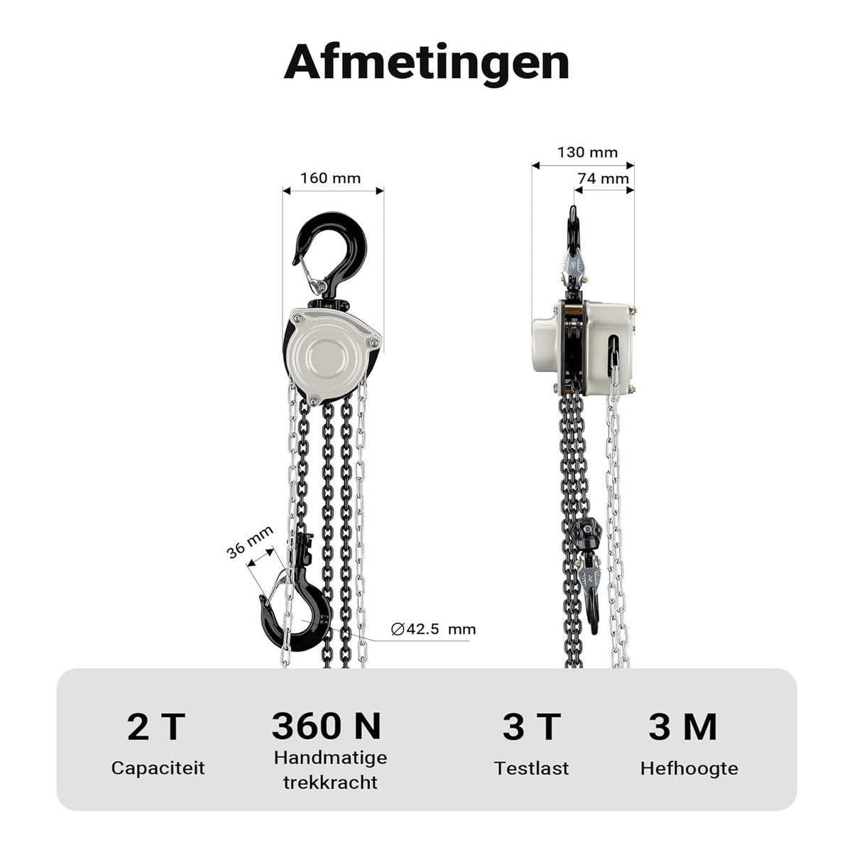 Wiltec handmatige kettingtakel 2 ton x 3 meter V21, krachtige hijstakel voor het hijsen van lasten, compacte takel met 2 haken voor zware objecten