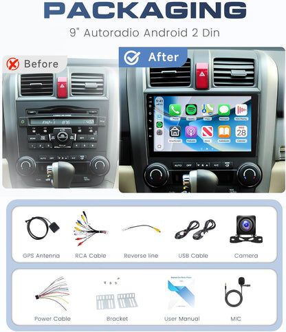 Autoradio, 6G + 128G, 8 Core, Android, 2 Din, 9 inch touchscreen met Carplay Android auto, draadloos, Bluetooth FM/RDS/EQ/DSP, wifi, GPS, 360° panoramisch zicht, stuurbediening, achteruitrijcamera